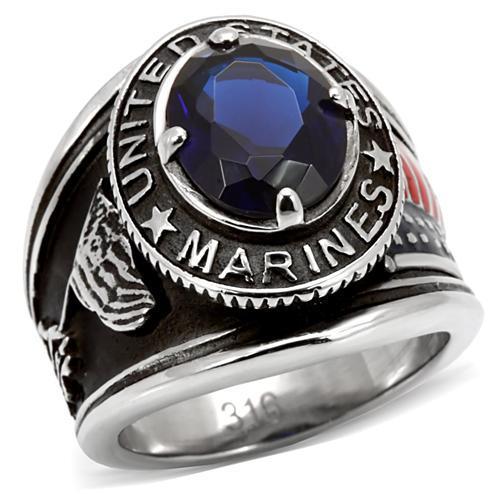 Ring USMC Marine Corps. High polished (no plating) Stainless Steel Blue Stone